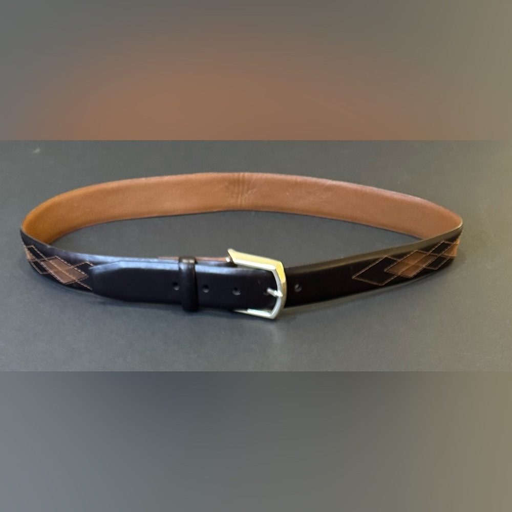 🌟HP🌟VTG 1990s Brighton Leather Two-Tone Brown Argyle Inlay Belt Silver Buckle 36